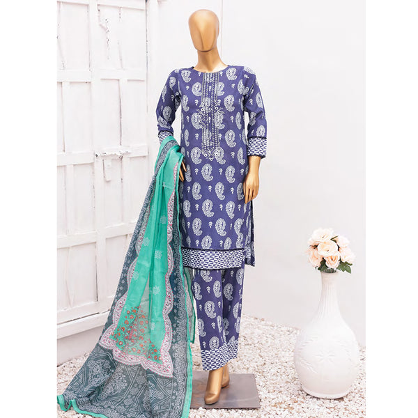 Hira Printed Lawn Embroidered 3Pcs Suit with Bember Dupatta - 10