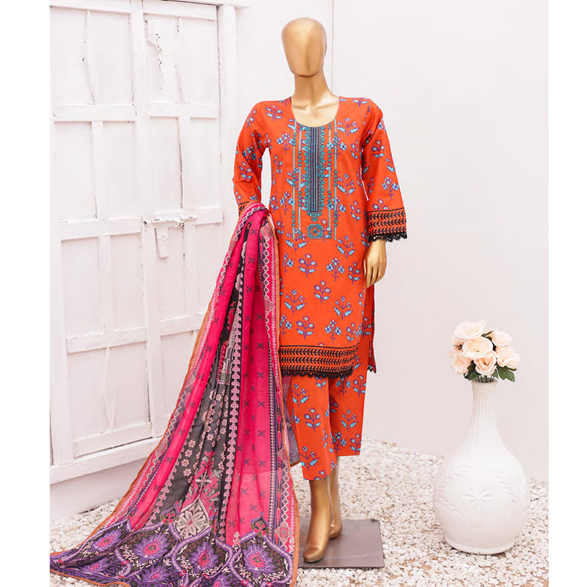 Hira Printed Lawn Embroidered 3Pcs Suit with Bember Dupatta - 2