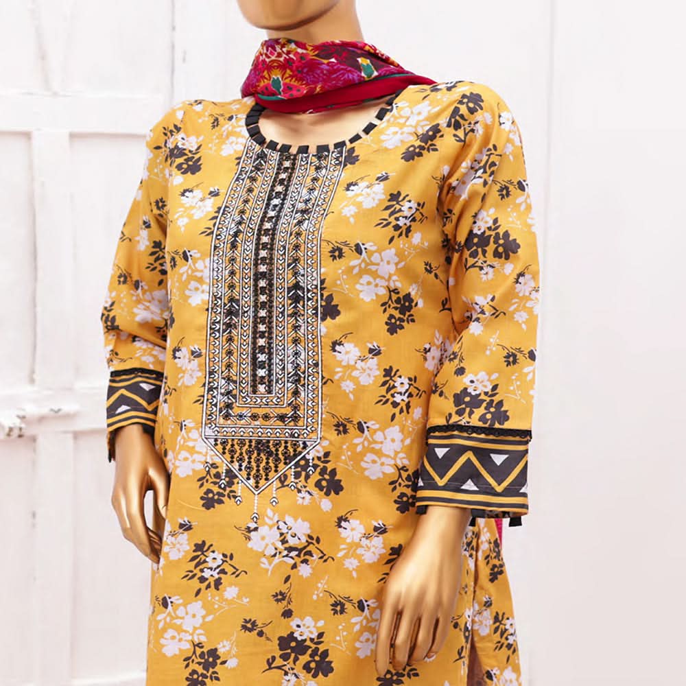 Hira Printed Lawn Embroidered 3Pcs Suit with Bember Dupatta - 5, Women, 3Pcs Shalwar Suit, Leeds Textile, Chase Value