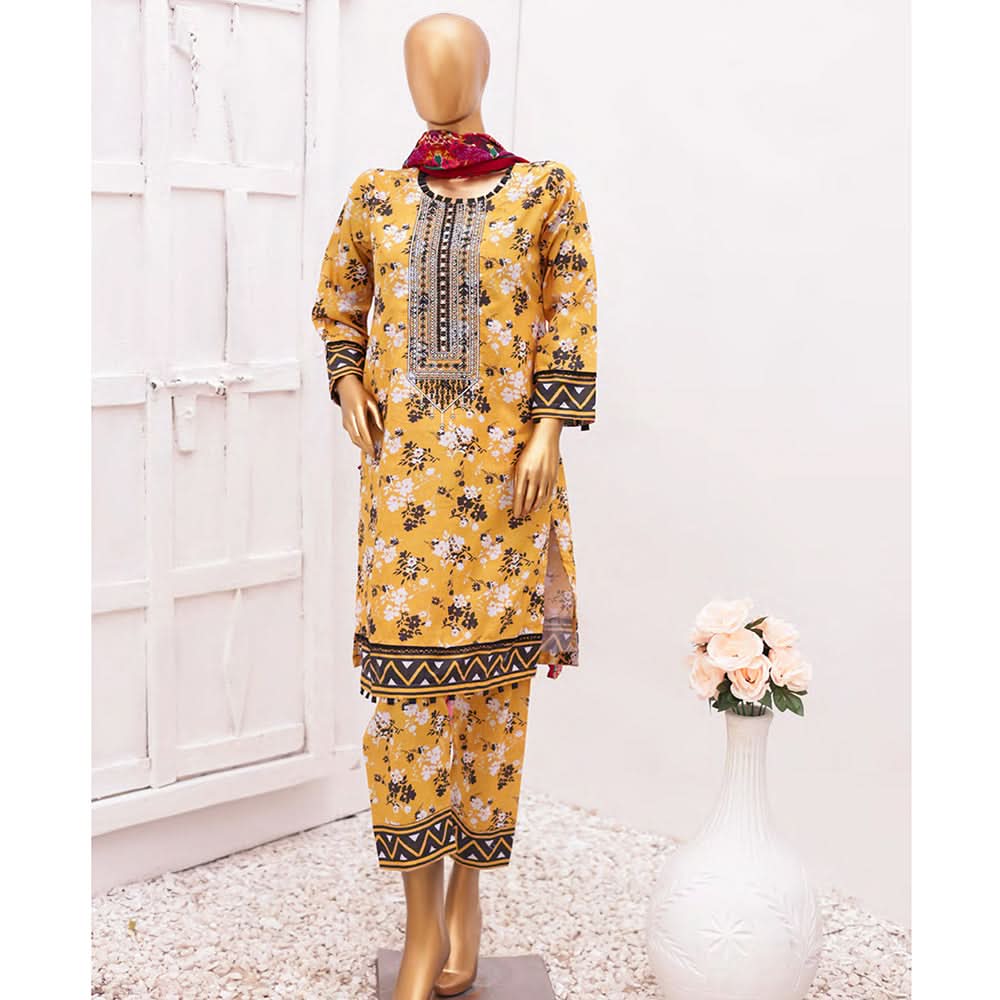 Hira Printed Lawn Embroidered 3Pcs Suit with Bember Dupatta - 5, Women, 3Pcs Shalwar Suit, Leeds Textile, Chase Value