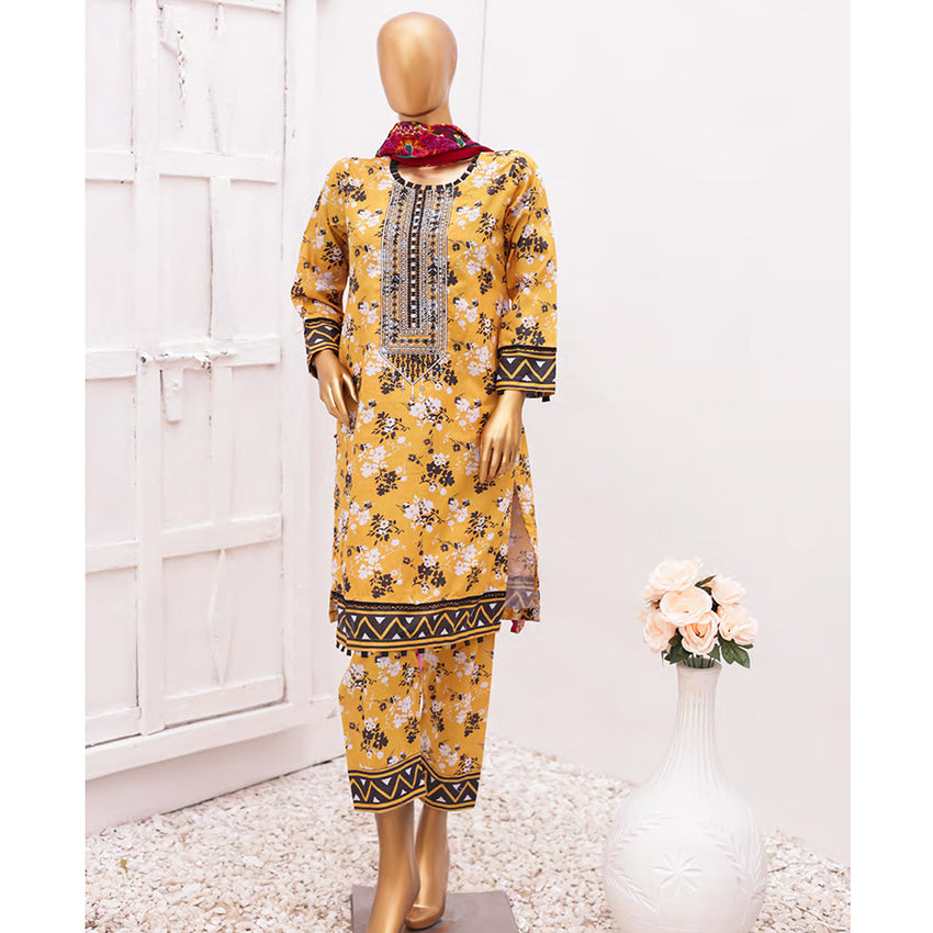 Hira Printed Lawn Embroidered 3Pcs Suit with Bember Dupatta - 5