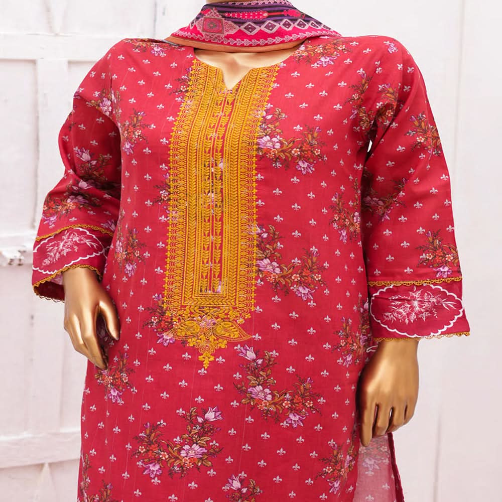 Hira Printed Lawn Embroidered 3Pcs Suit with Bember Dupatta - 7, Women, 3Pcs Shalwar Suit, Leeds Textile, Chase Value