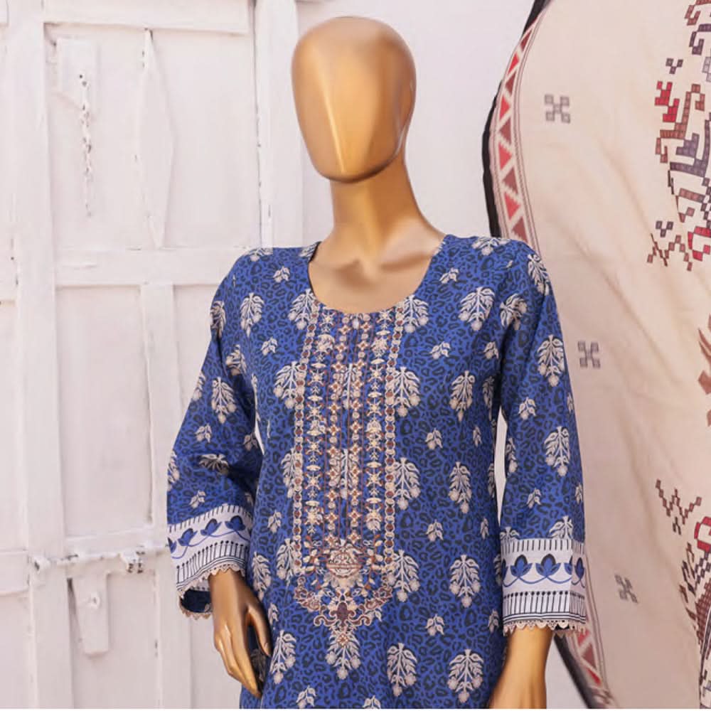 Hira Printed Lawn Embroidered 3Pcs Suit with Bember Dupatta - 8, Women, 3Pcs Shalwar Suit, Leeds Textile, Chase Value