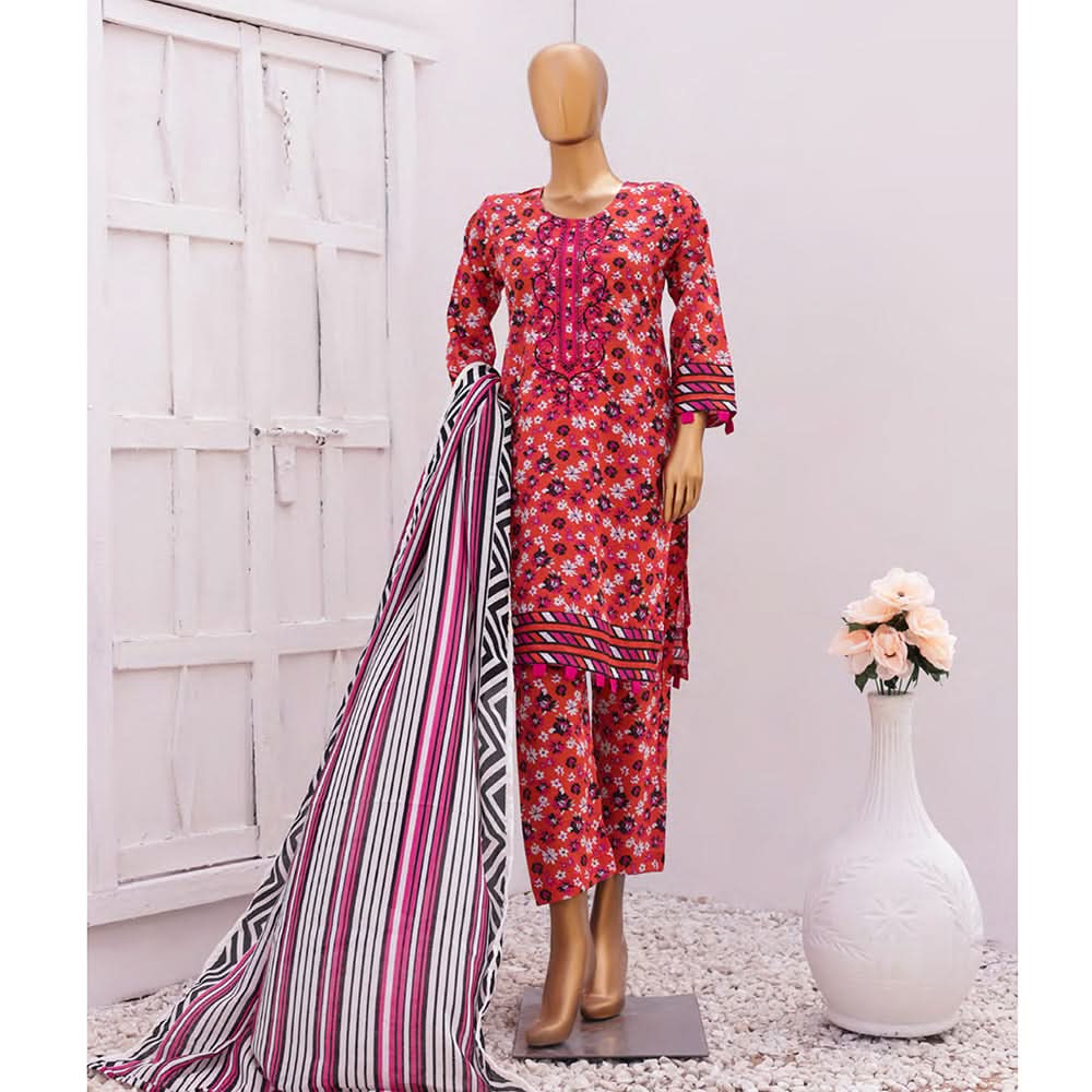 Hira Printed Lawn Embroidered 3Pcs Suit with Bember Dupatta - 1, Women, 3Pcs Shalwar Suit, Leeds Textile, Chase Value