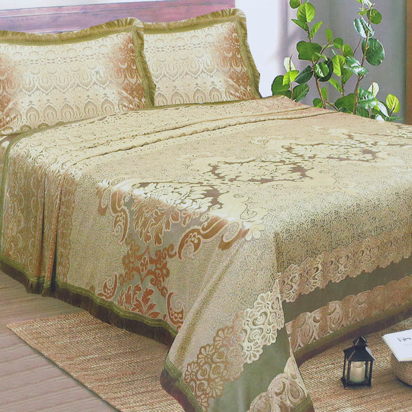 Fancy 3pcs Pallachi Double Bed Sheet - Golden, Double Size Bed Sheet, Chase Value, Chase Value