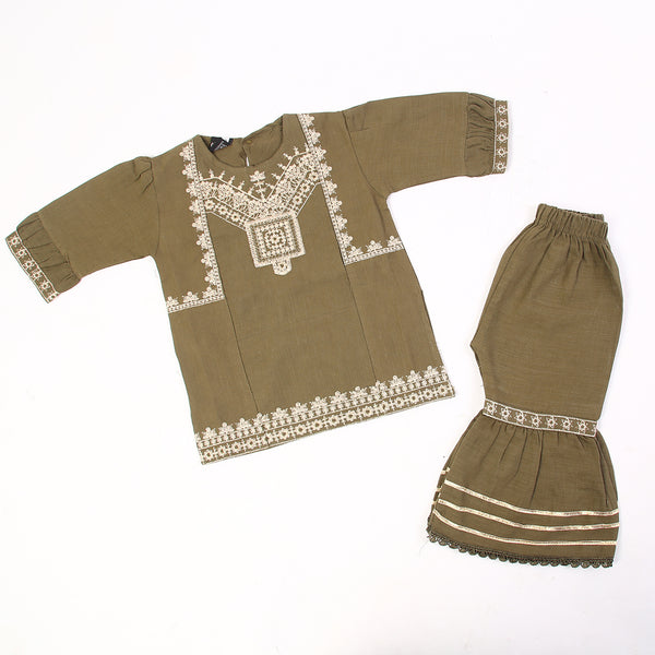 Girls Embroidered Shalwar Suit - Olive Green