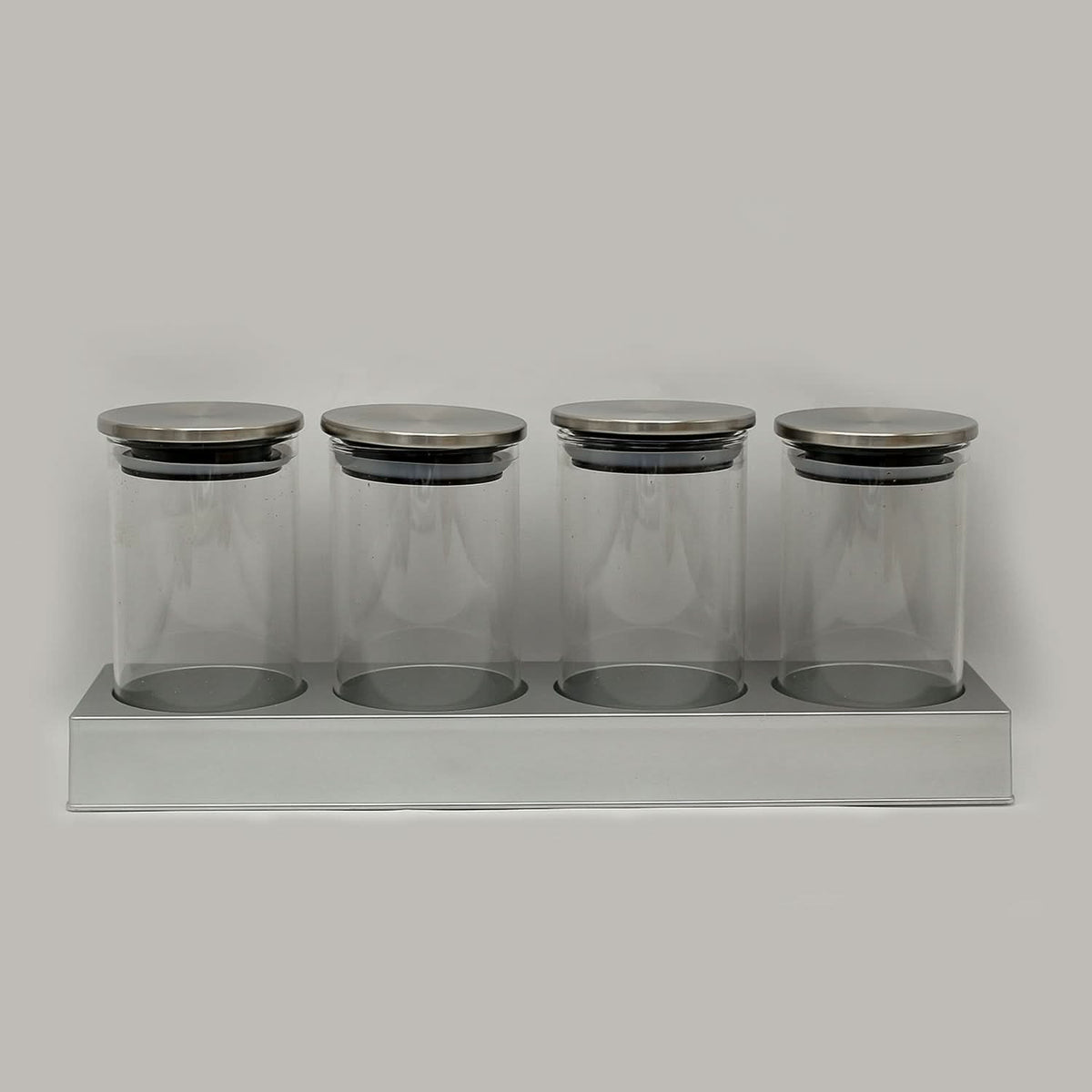 Spice Jar Glass 4Pc With Stand - Silver, Spice Boxes, Chase Value, Chase Value