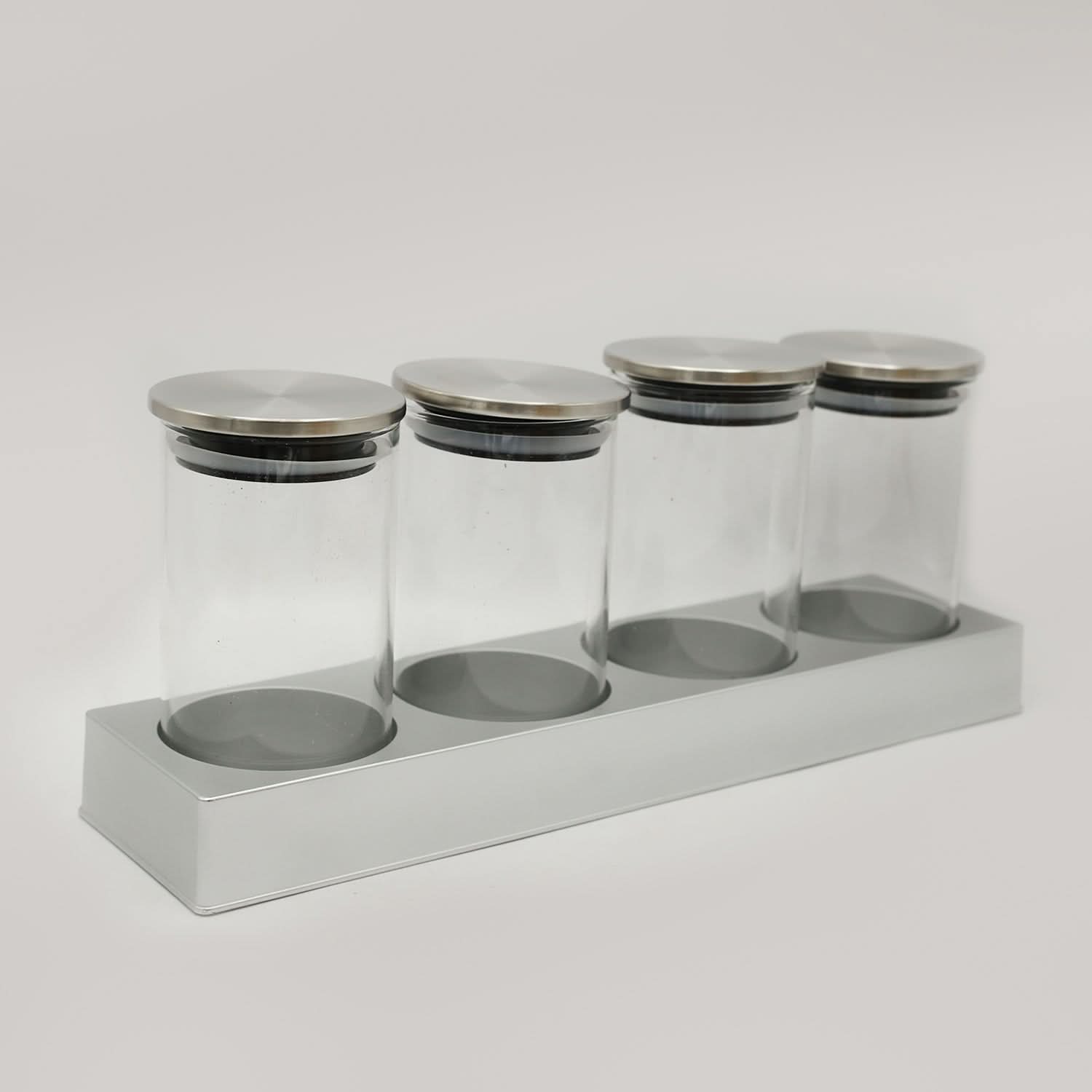 Spice Jar Glass 4Pc With Stand - Silver, Spice Boxes, Chase Value, Chase Value