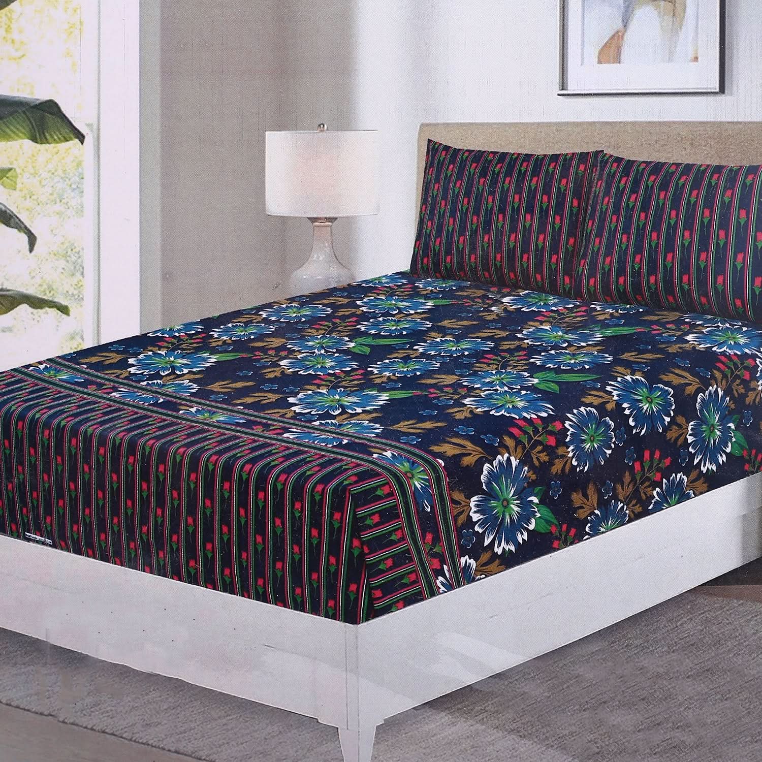 Fitted Bed Sheet With 2 Pillow - Multi Color, Single Size Bed Sheet, Valuable, Chase Value
