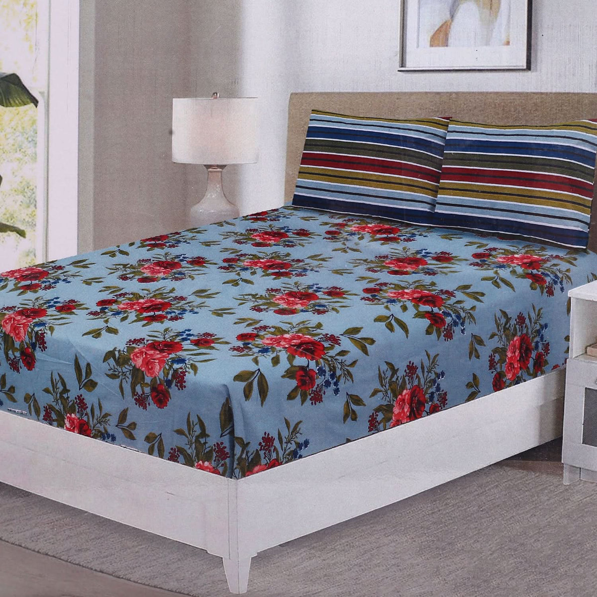 Fitted Bed Sheet With 2 Pillow - Multi Color, Single Size Bed Sheet, Valuable, Chase Value