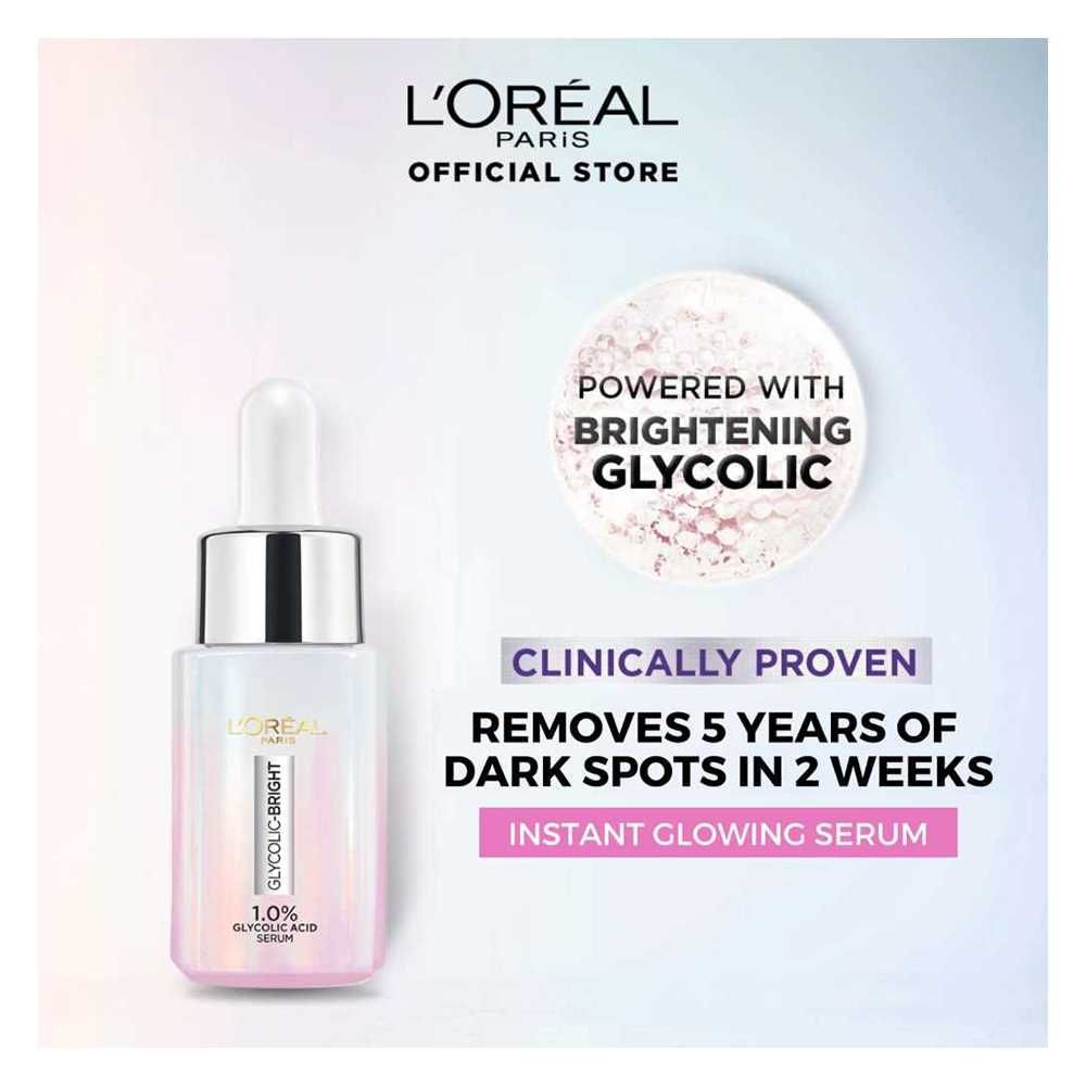 L'Oreal Paris Glycolic Bright Instant Glowing Serum, Reduces 57% Dark Spots, 15ml, Oils & Serums, Loreal, Chase Value