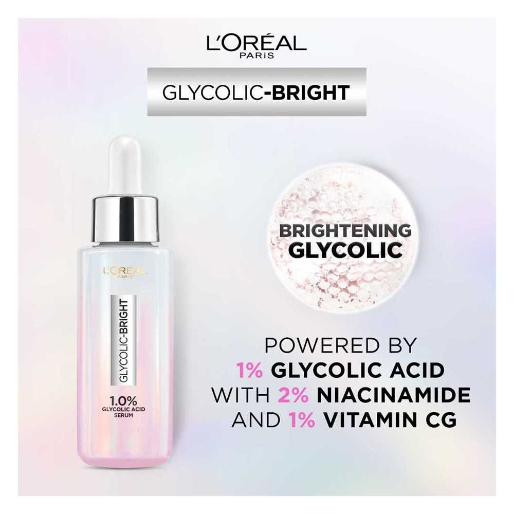 L'Oreal Paris Glycolic Bright Instant Glowing Serum, Reduces 57% Dark Spots, 30ml, Oils & Serums, Loreal, Chase Value