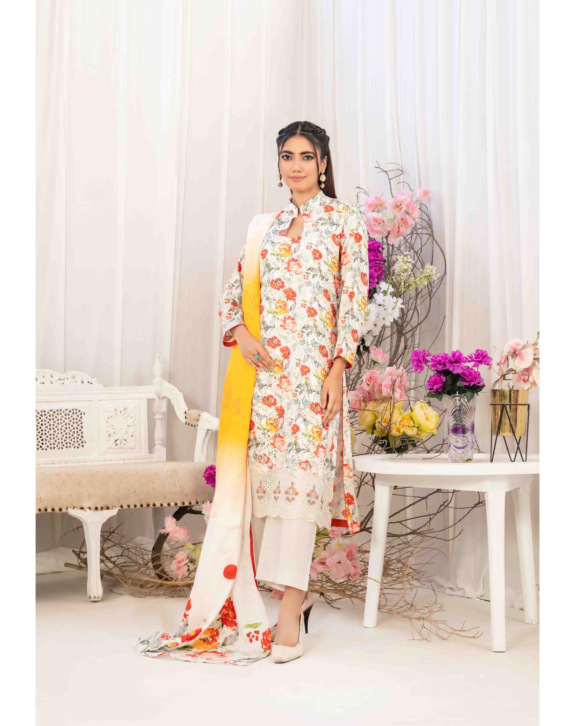 Tawakkal Lakecia Printed Schiffli Embroidered 3 Pc Suit - 6