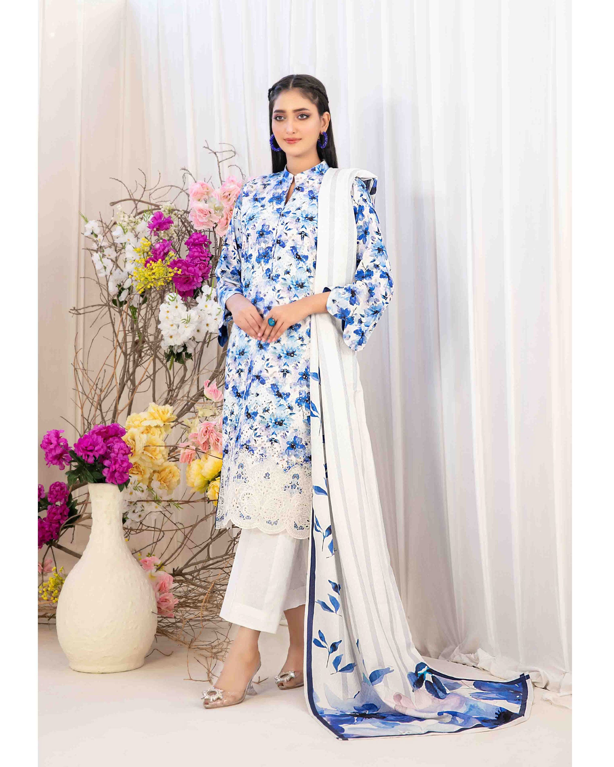 Tawakkal Lakecia Printed Schiffli Embroidered 3 Pc Suit - 8