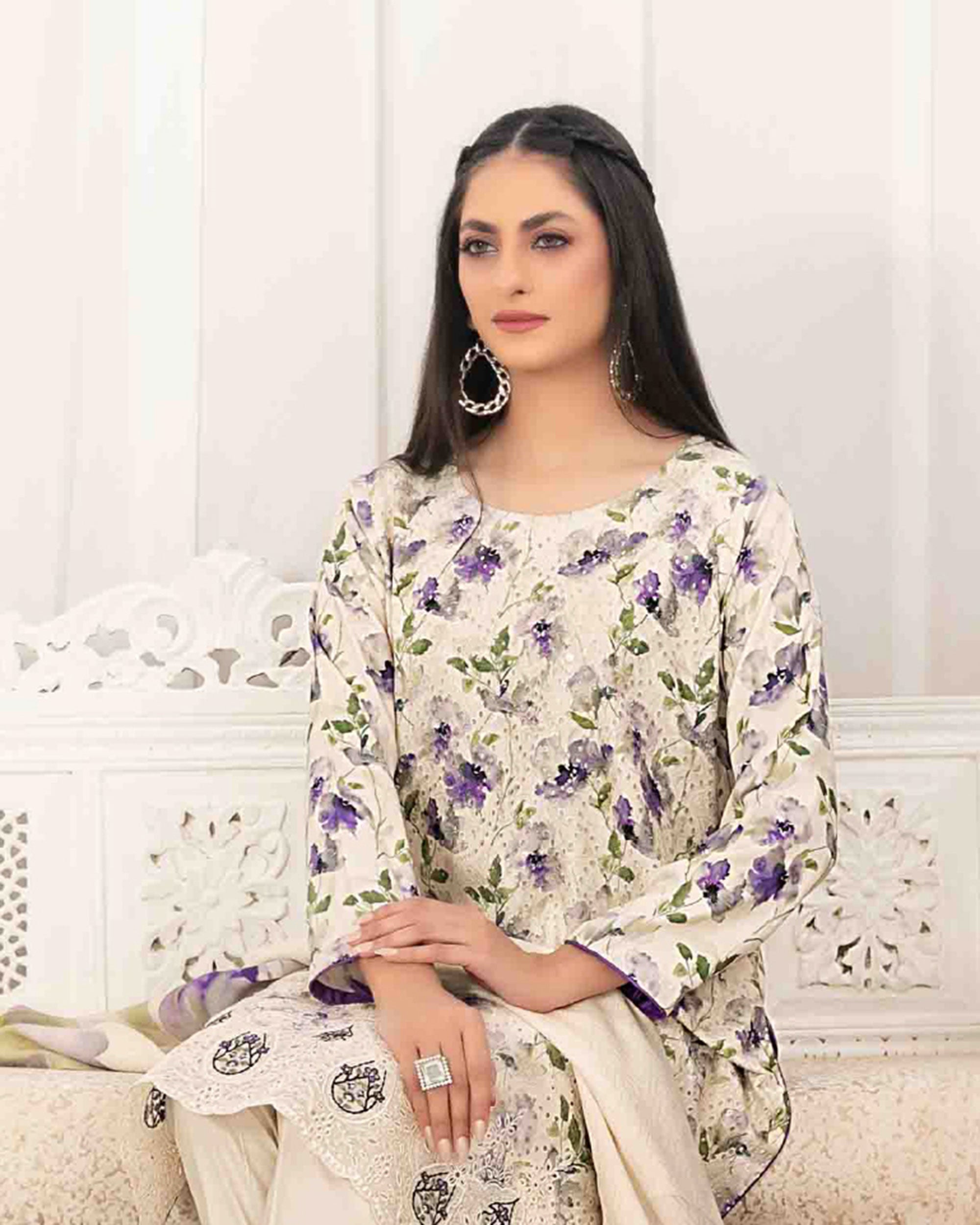 Tawakkal Lakecia Printed Schiffli Embroidered 3 Pc Suit - 1