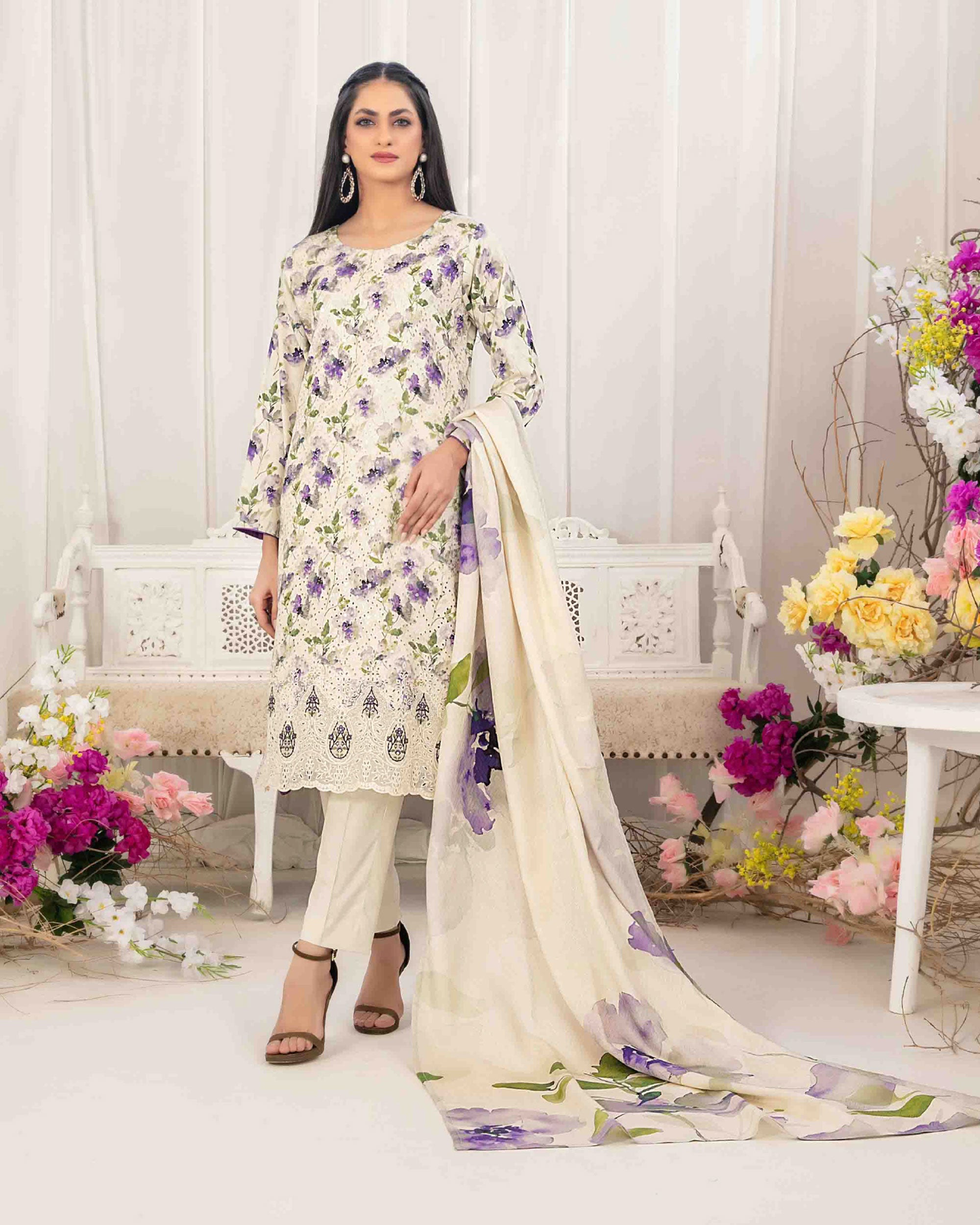 Tawakkal Lakecia Printed Schiffli Embroidered 3 Pc Suit - 1