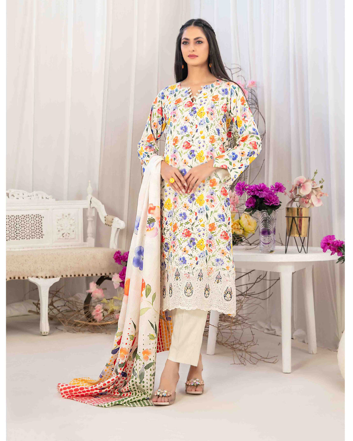 Tawakkal Lakecia Printed Schiffli Embroidered 3 Pc Suit - 2