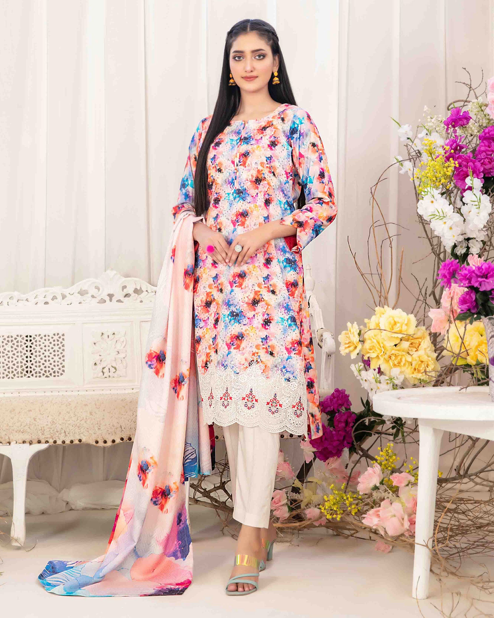 Tawakkal Lakecia Printed Schiffli Embroidered 3 Pc Suit - 4