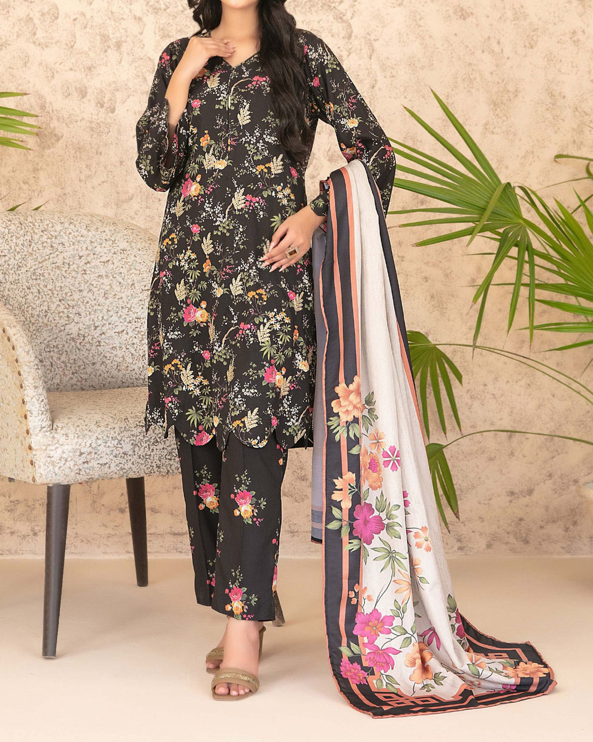 Tawakkal Melek Staple Printed Suit with Shawl - 3 Pc