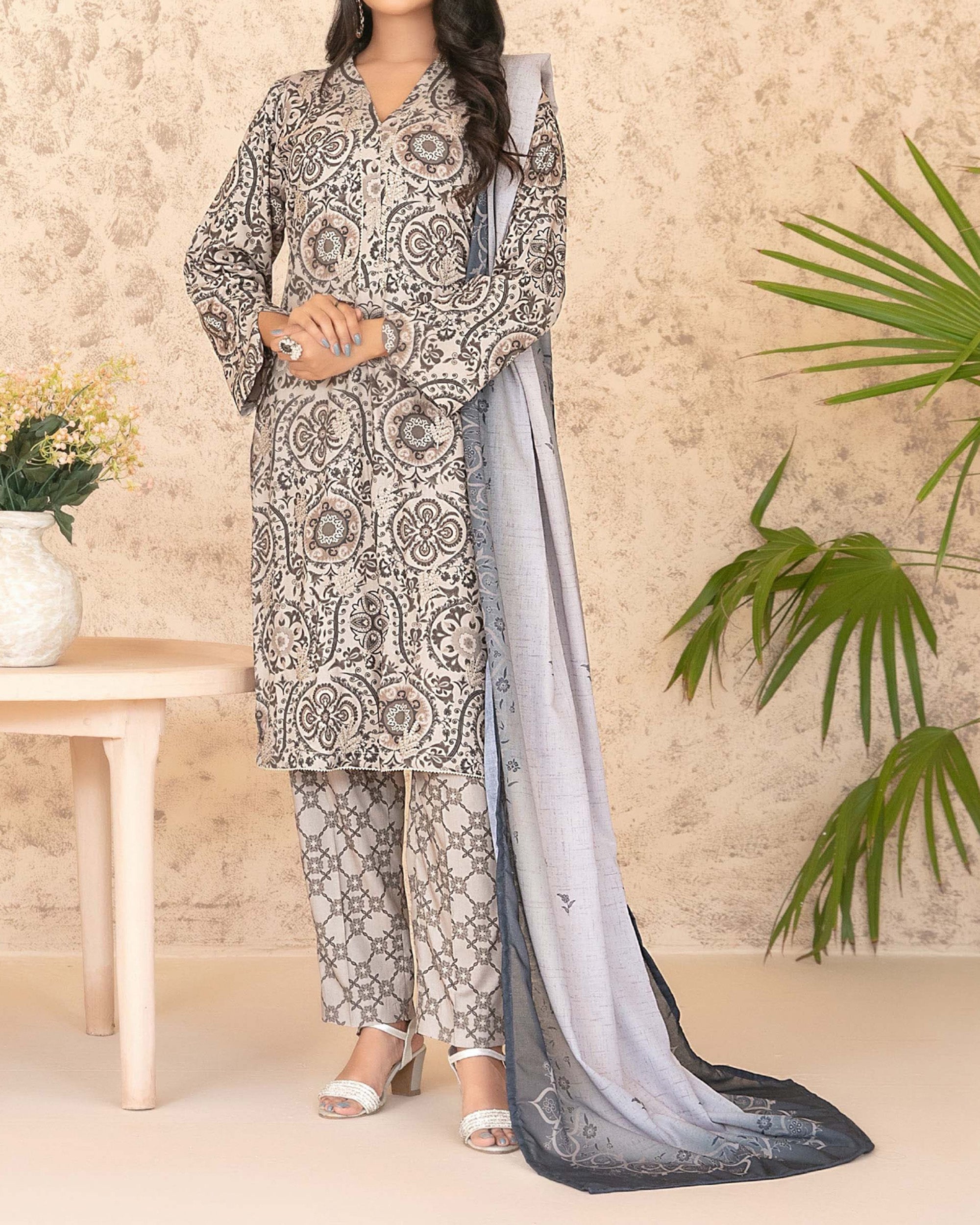 Tawakkal Melek Staple Printed Suit with Shawl - 3 Pc
