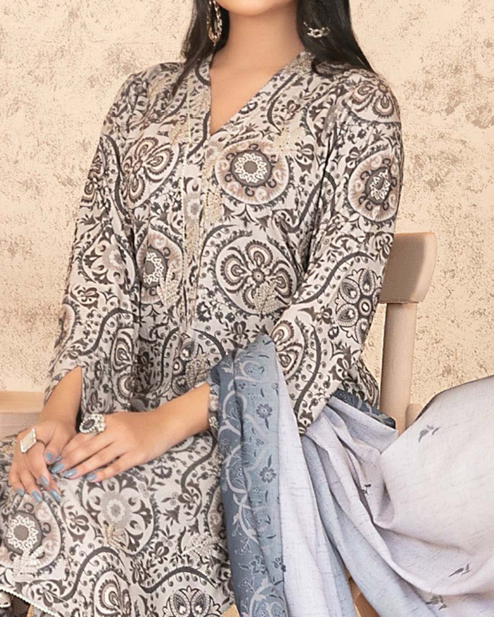 Tawakkal Melek Staple Printed Suit with Shawl - 3 Pc