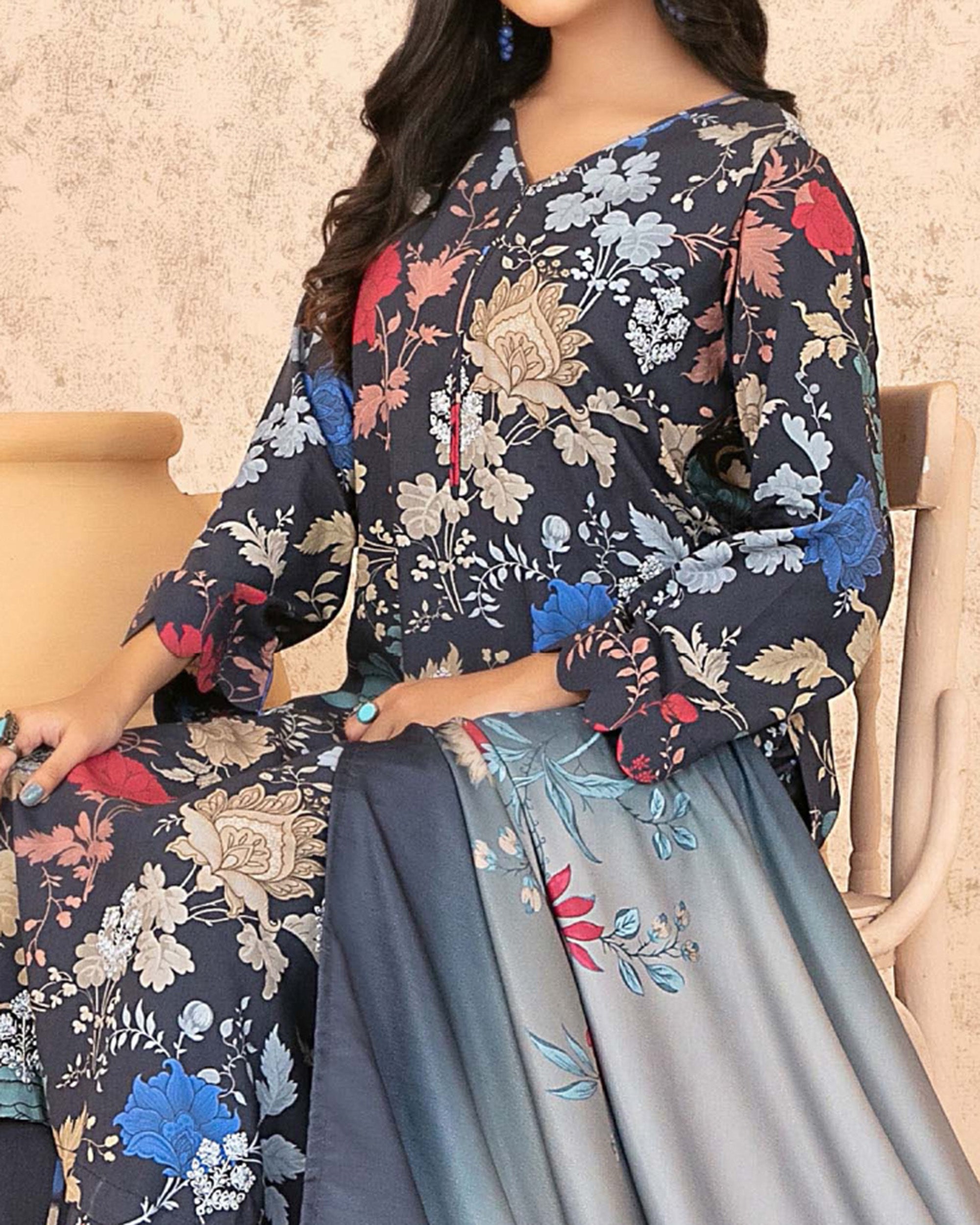 Tawakkal Melek Staple Printed Suit with Shawl - 3 Pc