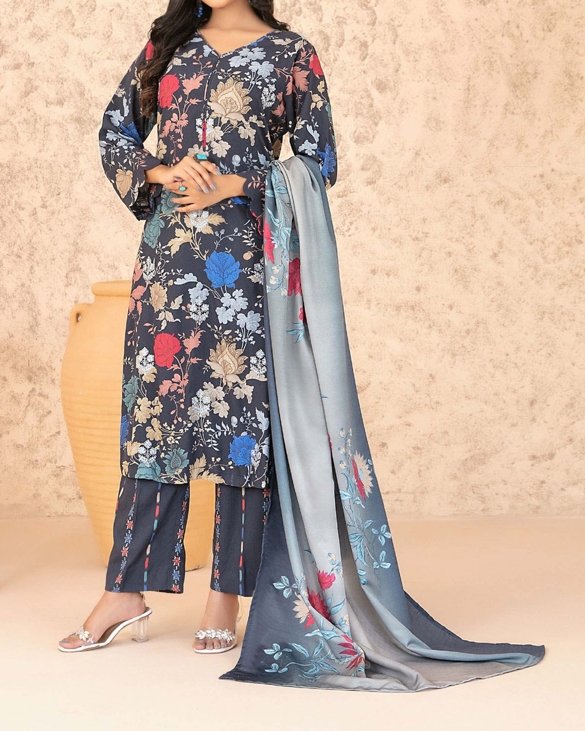 Tawakkal Melek Staple Printed Suit with Shawl - 3 Pc