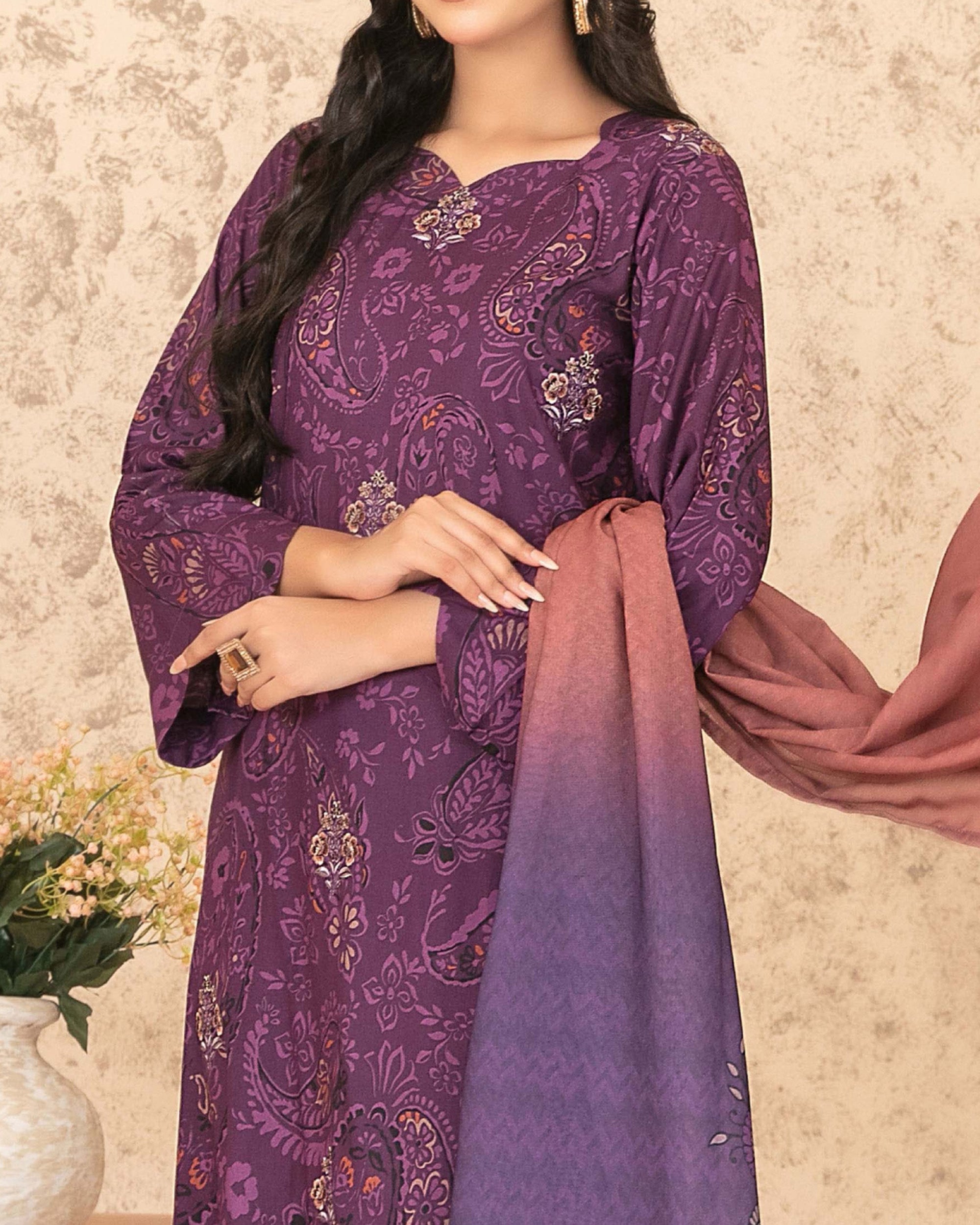 Tawakkal Melek Staple Printed Suit with Shawl - 3 Pc