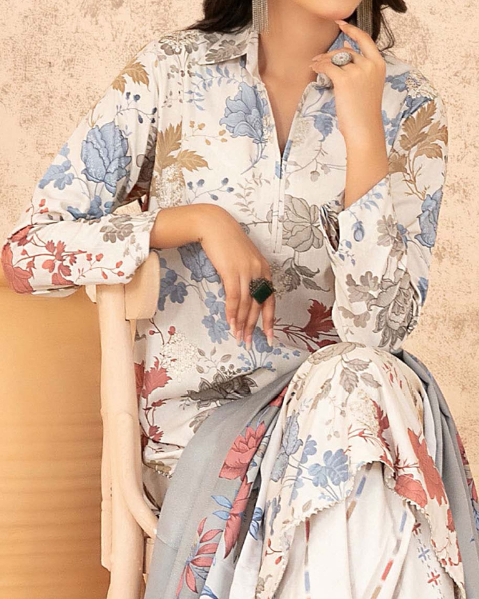 Tawakkal Melek Staple Printed Suit with Shawl - 3 Pc