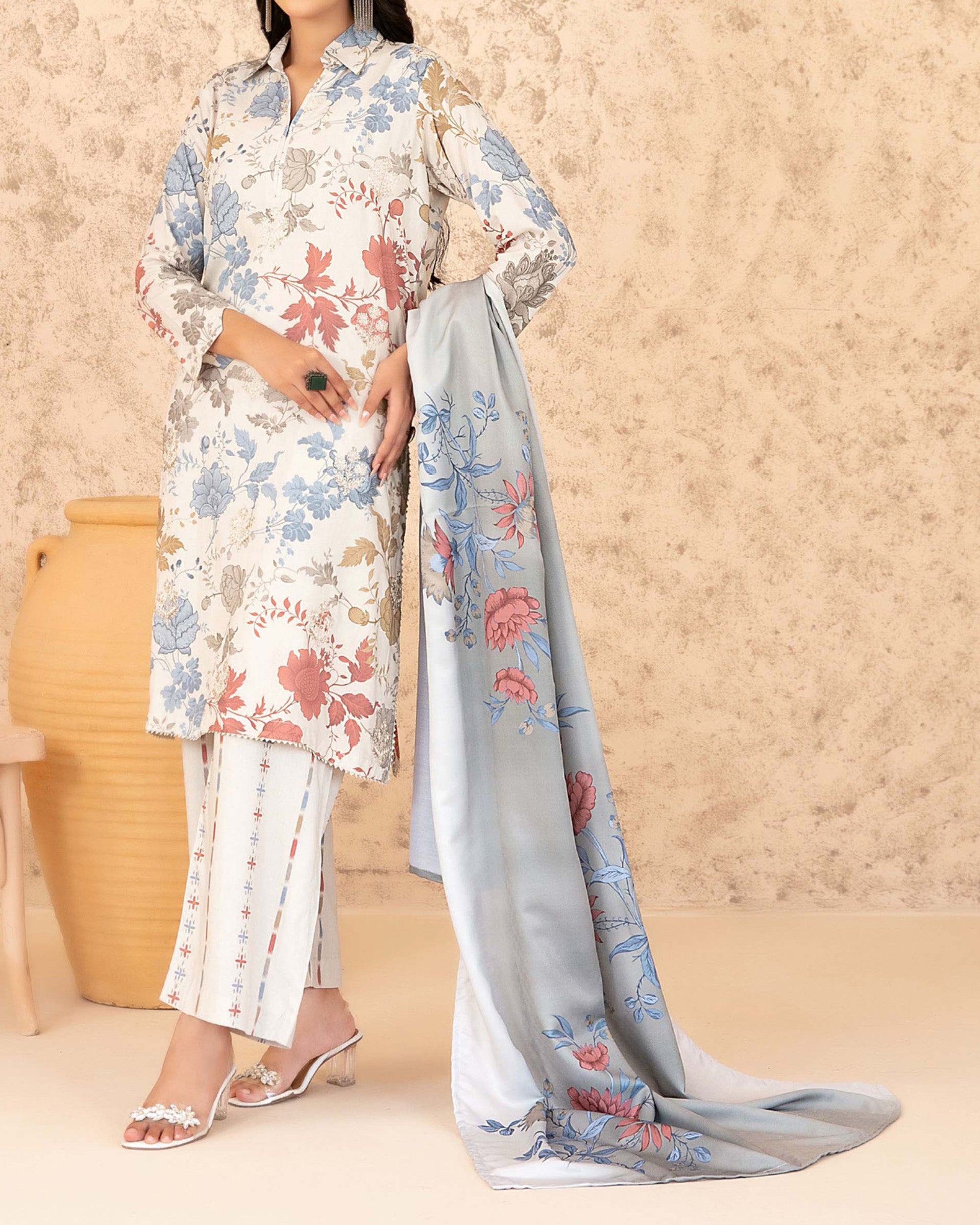 Tawakkal Melek Staple Printed Suit with Shawl - 3 Pc