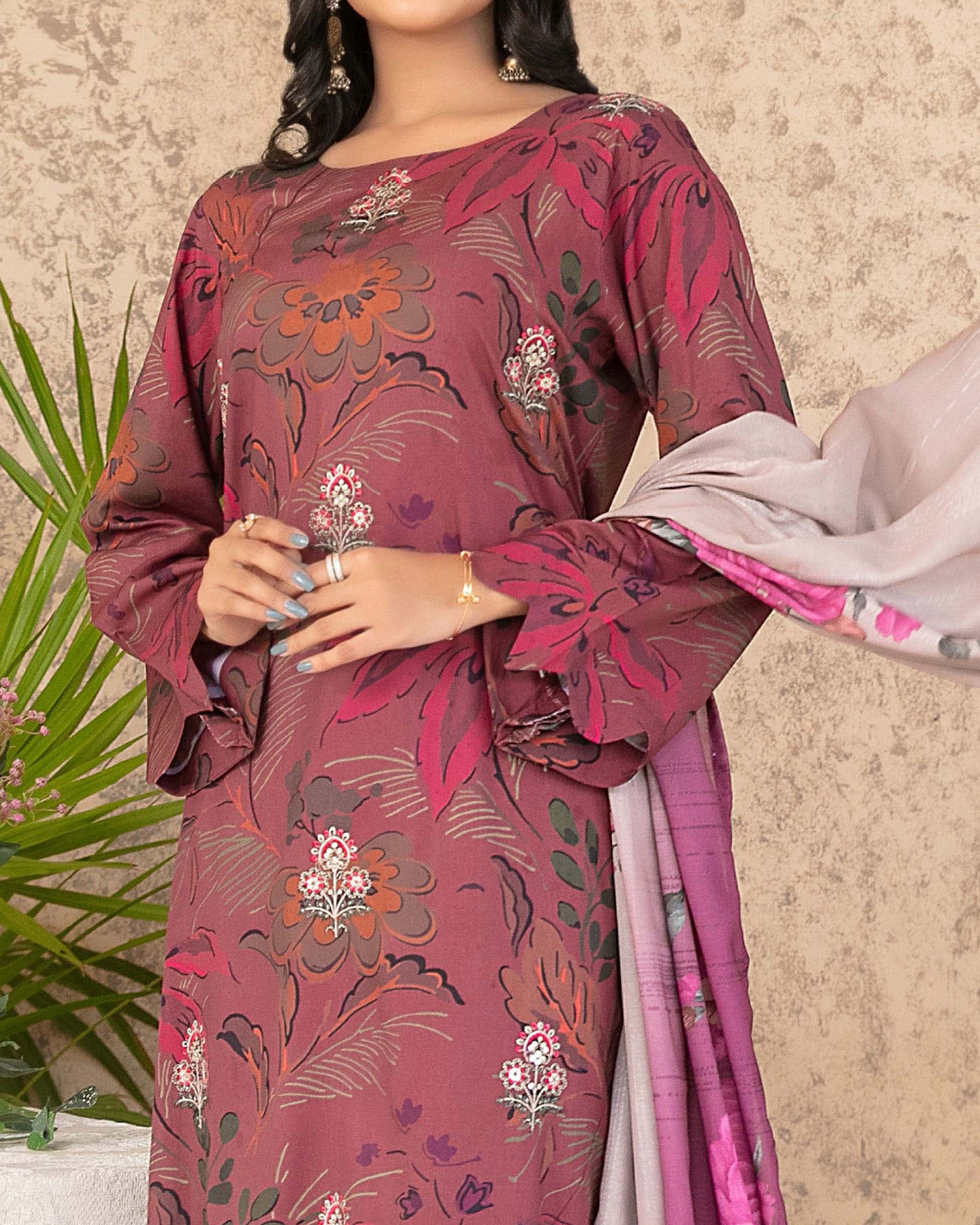 Tawakkal Melek Staple Printed Suit with Shawl - 3 Pc