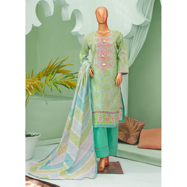 Minahil Printed Lawn Embroidered 3Pcs Suit with Bember Dupatta - 9