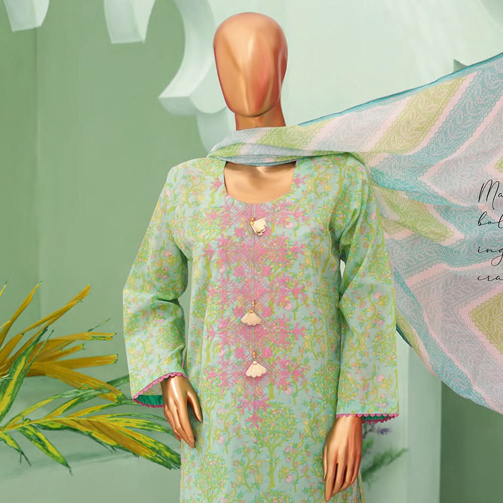 Minahil Printed Lawn Embroidered 3Pcs Suit with Bember Dupatta - 9, Women, 3Pcs Shalwar Suit, Leeds Textile, Chase Value