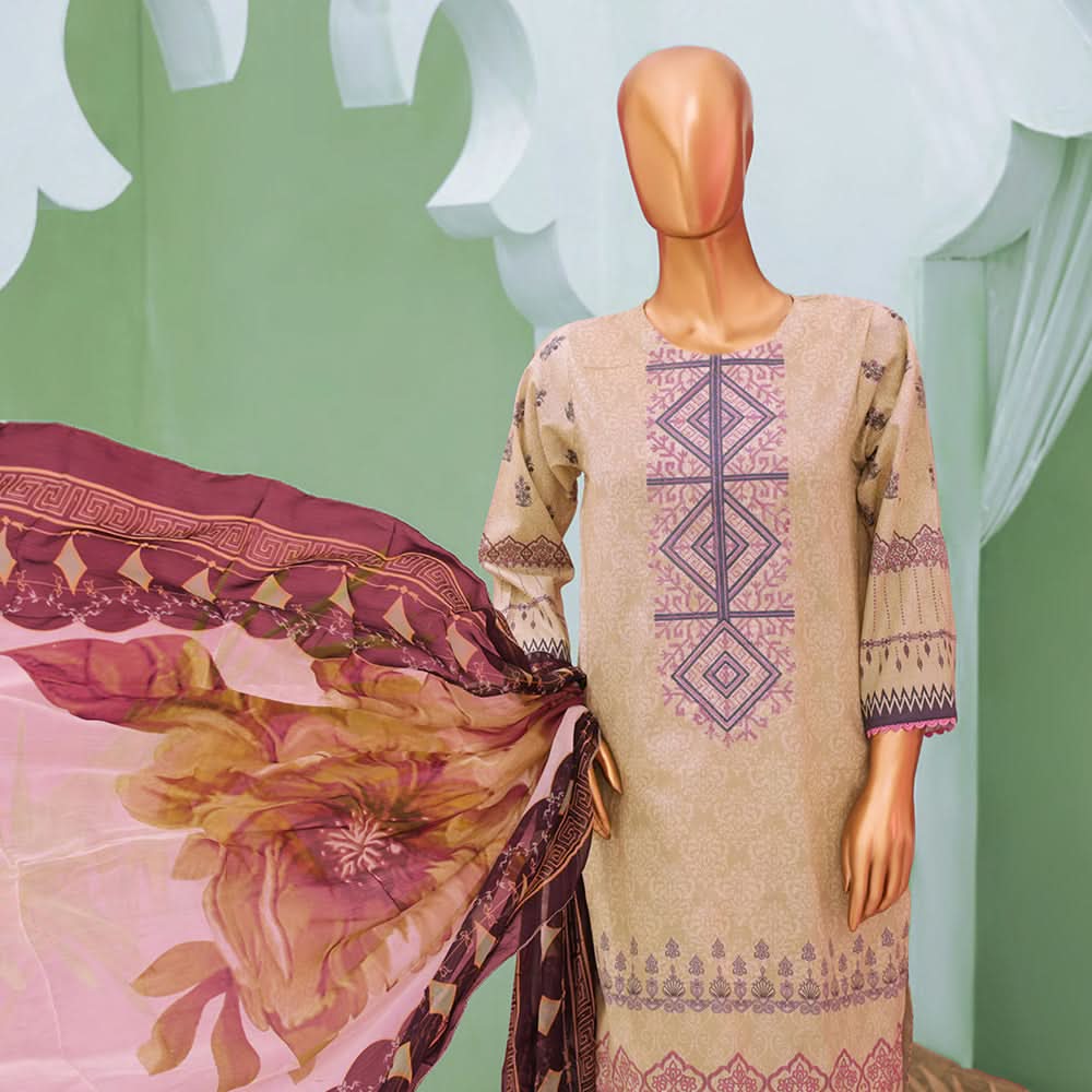 Minahil Printed Lawn Embroidered 3Pcs Suit with Bember Dupatta - 8, Women, 3Pcs Shalwar Suit, Leeds Textile, Chase Value
