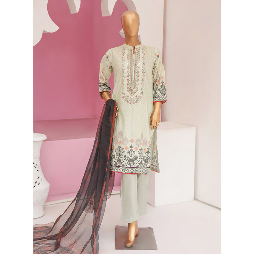 Mishal Printed Lawn Embroidered 3Pcs Suit with Bember Dupatta - 9