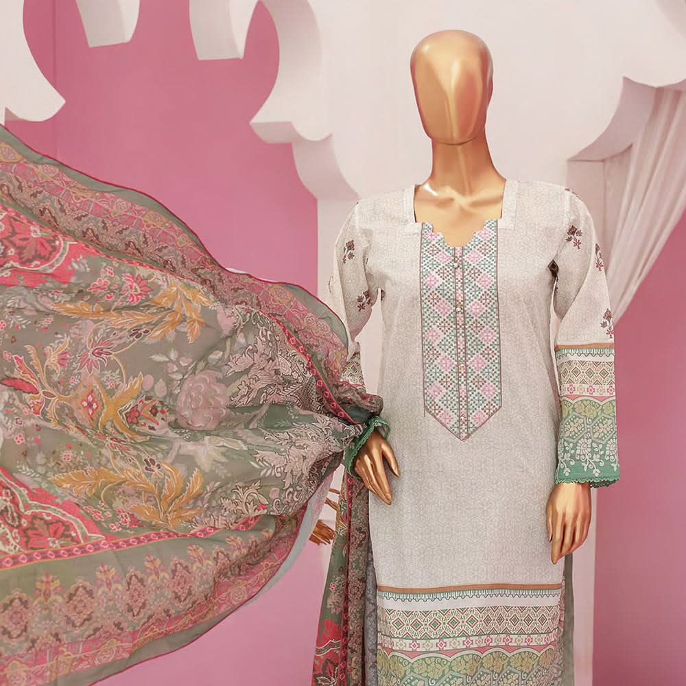 Mishal Printed Lawn Embroidered 3Pcs Suit with Bember Dupatta - 7, Women, 3Pcs Shalwar Suit, Leeds Textile, Chase Value
