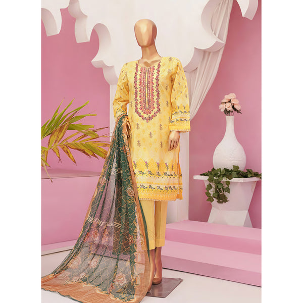 Mishal Printed Lawn Embroidered 3Pcs Suit with Bember Dupatta - 1