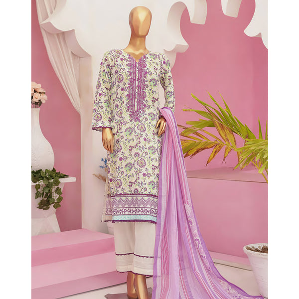 Mishal Printed Lawn Embroidered 3Pcs Suit with Bember Dupatta - 2