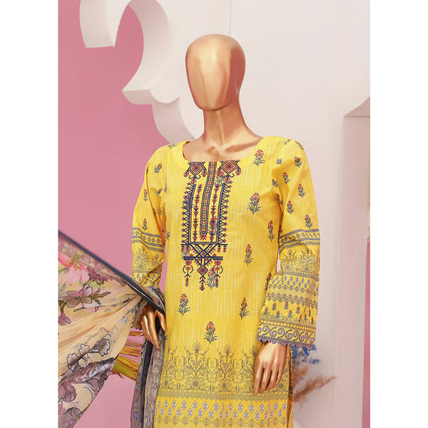 Mishal Printed Lawn Embroidered 3Pcs Suit with Bember Dupatta - 8