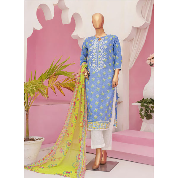 Mishal Printed Lawn Embroidered 3Pcs Suit with Bember Dupatta - 5