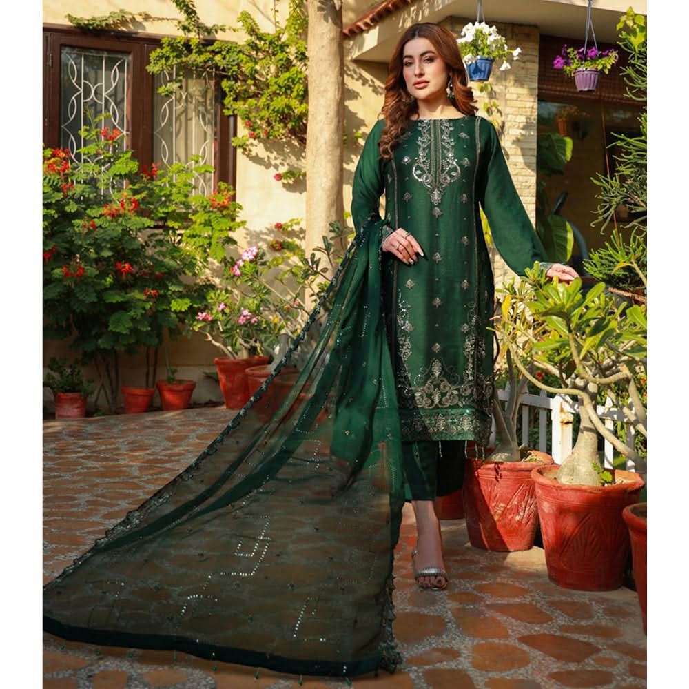 Schick Munsha Chiffon Fancy Embroidered Semi Stich 3Pcs Suit - 3, Women, 3Pcs Shalwar Suit, Mi Creation, Chase Value