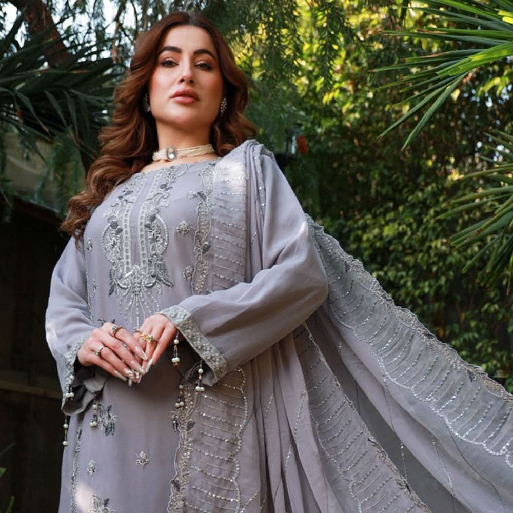 Schick Munsha Chiffon Fancy Embroidered Semi Stich 3Pcs Suit - 1, Women, 3Pcs Shalwar Suit, Mi Creation, Chase Value
