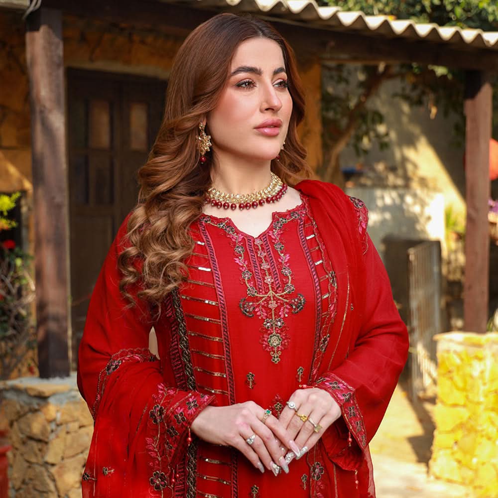 Schick Munsha Chiffon Fancy Embroidered Semi Stich 3Pcs Suit - 4, Women, 3Pcs Shalwar Suit, Mi Creation, Chase Value