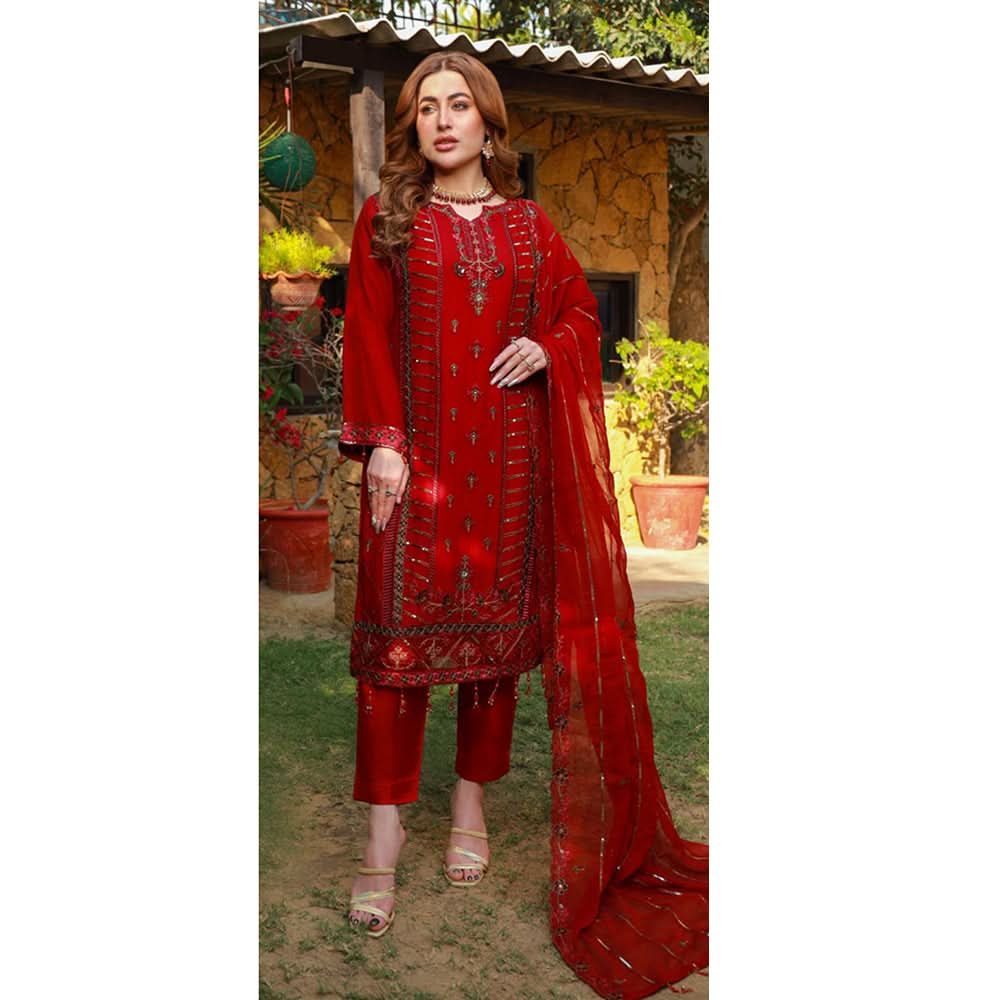Schick Munsha Chiffon Fancy Embroidered Semi Stich 3Pcs Suit - 4, Women, 3Pcs Shalwar Suit, Mi Creation, Chase Value