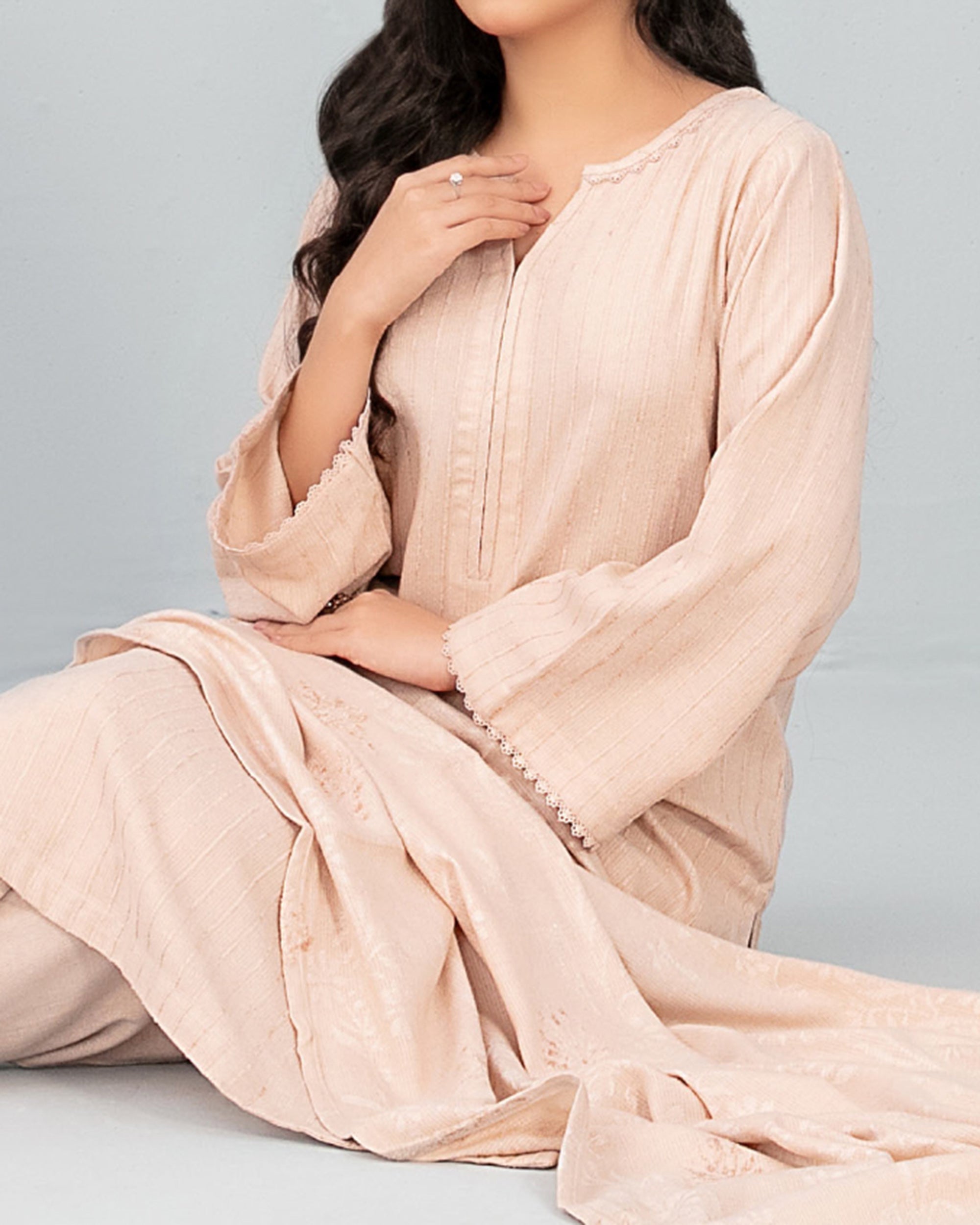 Tawakkal Onaya Leather Peach Printed Suit with Shawl - 3 Pc