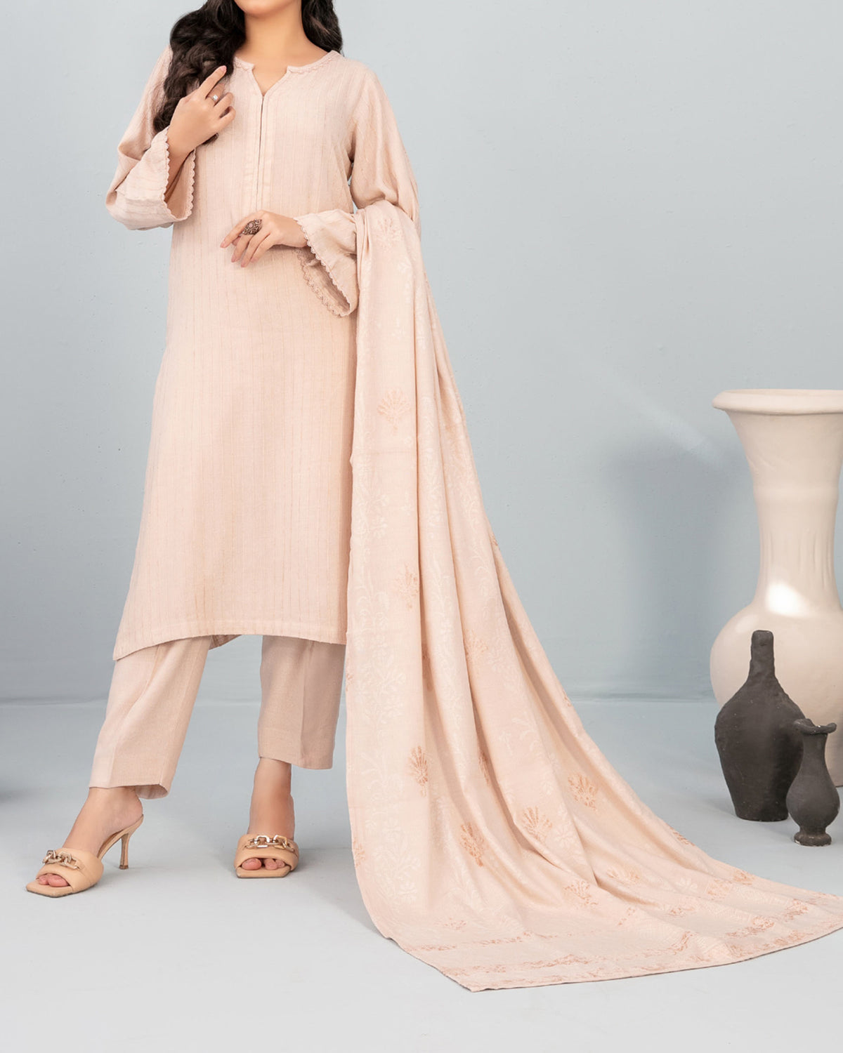 Tawakkal Onaya Leather Peach Printed Suit with Shawl - 3 Pc