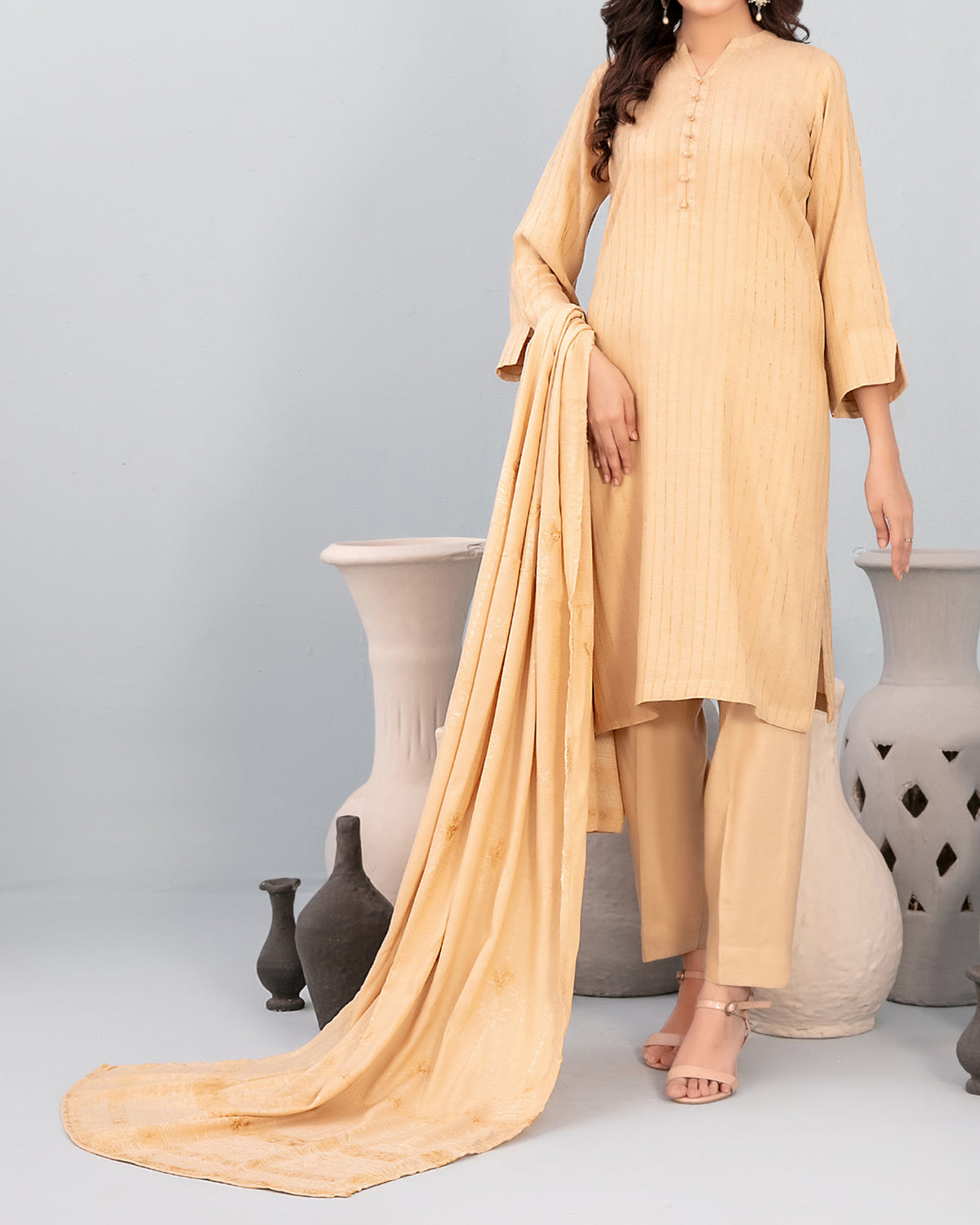 Tawakkal Onaya Leather Peach Printed Suit with Shawl - 3 Pc