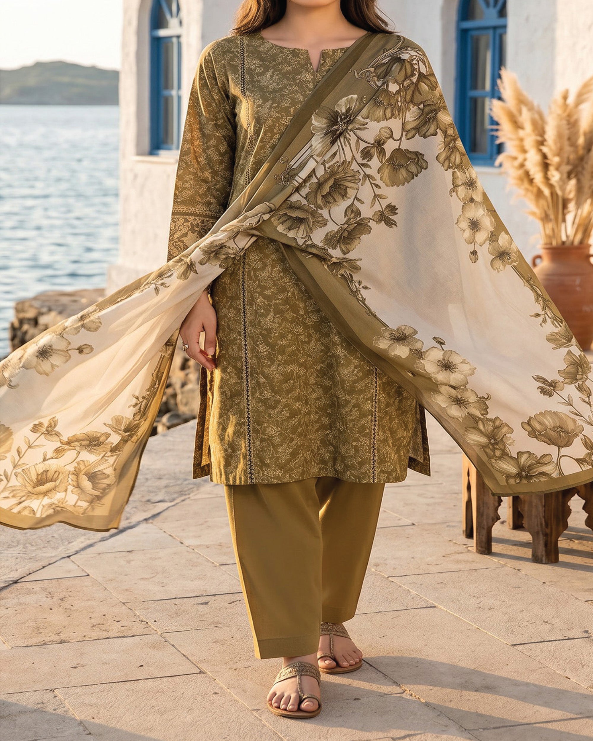 Salina Cambric Mid Summer Digital Printed Suit - 3 Pc
