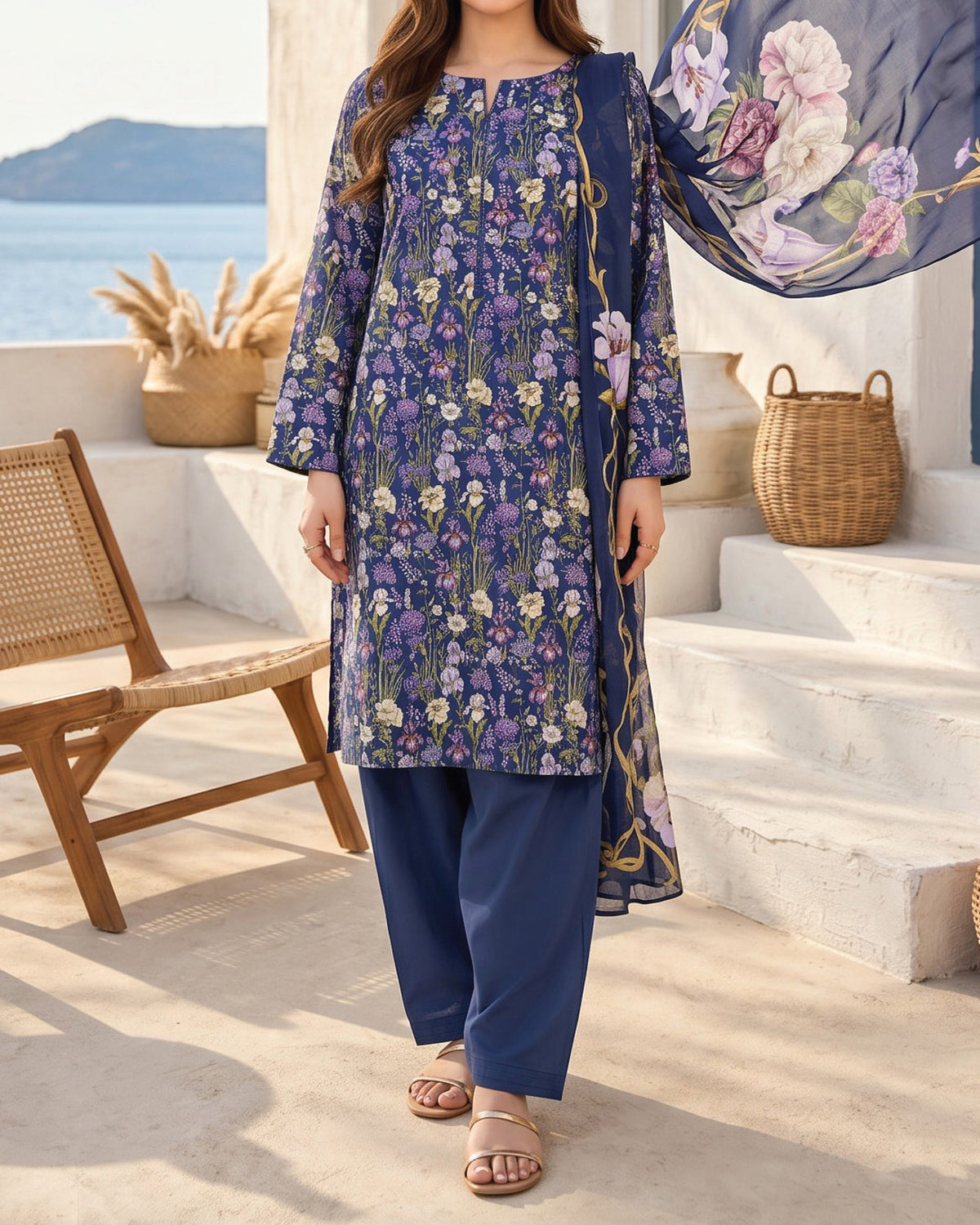 Salina Cambric Mid Summer Digital Printed Suit - 3 Pc
