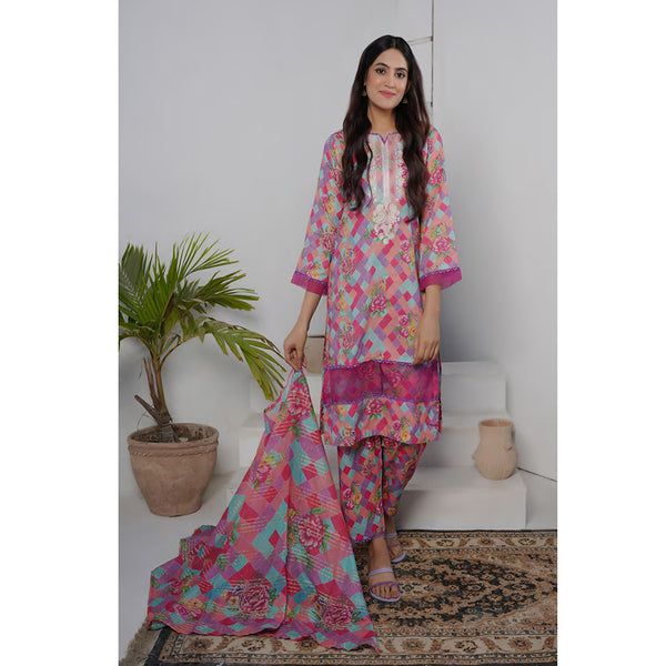 Safiya Lawn Printed Neck Embroidered Unstitched 3Pcs Suit - 3